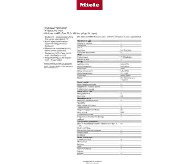 MIELE T1 TWC660WP WiFi-enabled 8 kg Heat Pump Tumble Dryer - White