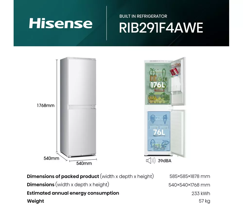 HISENSE RIB291F4AWE Integrated 50/50 Fridge Freezer - Sliding Hinge