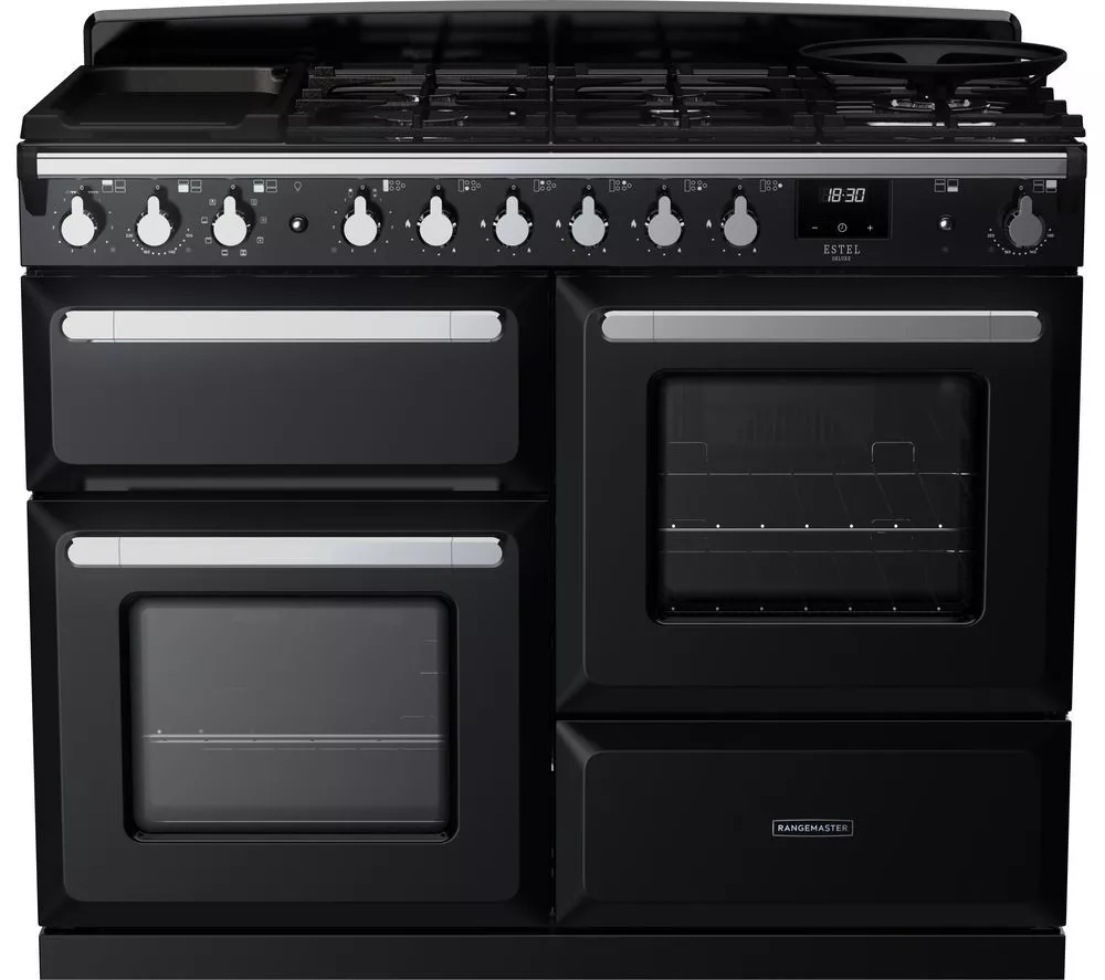 RANGEMASTER Estel Deluxe ESDLO110DFPGBL/CM1 110 cm Dual Fuel Range Cooker - Black & Chrome