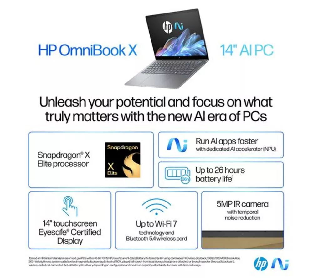 HP OmniBook X 14" Refurbished Laptop, Copilot+ PC - Snapdragon X Elite, 512 GB SSD, Silver (Excellent Condition)