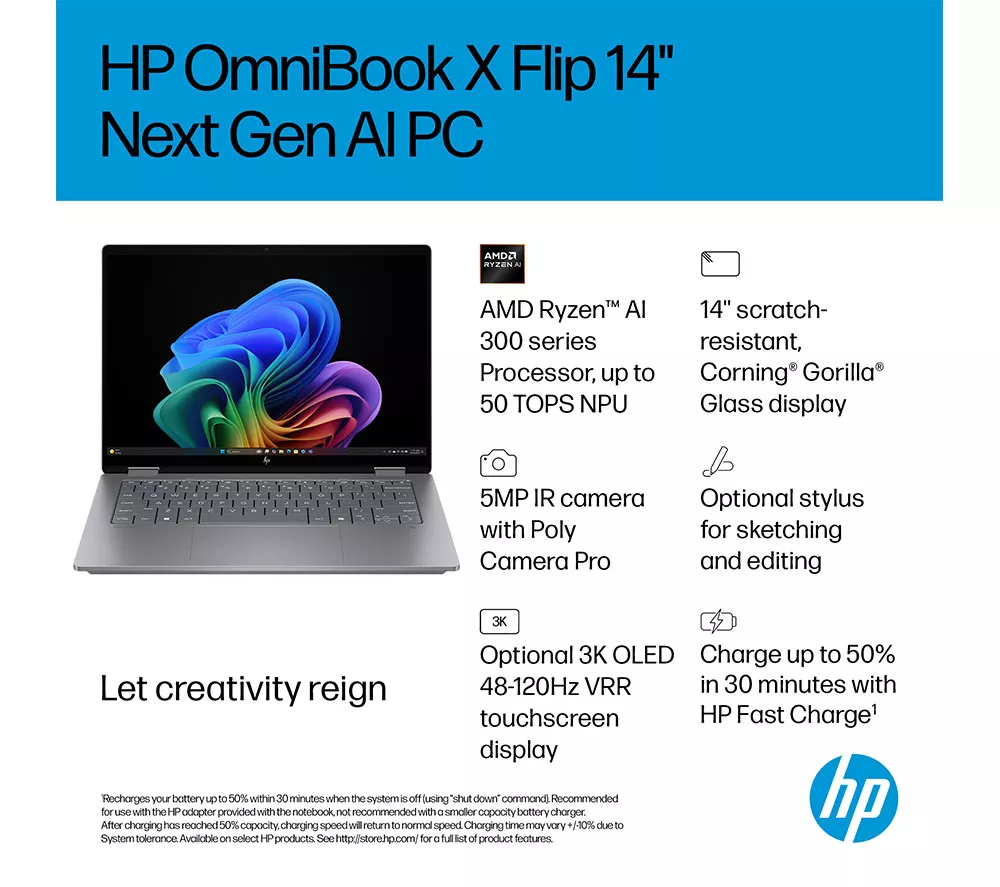 HP OmniBook X Flip NGAI 14" 2 in 1 Laptop - AMD Ryzen AI 5, 512 GB SSD, Meteor Silver