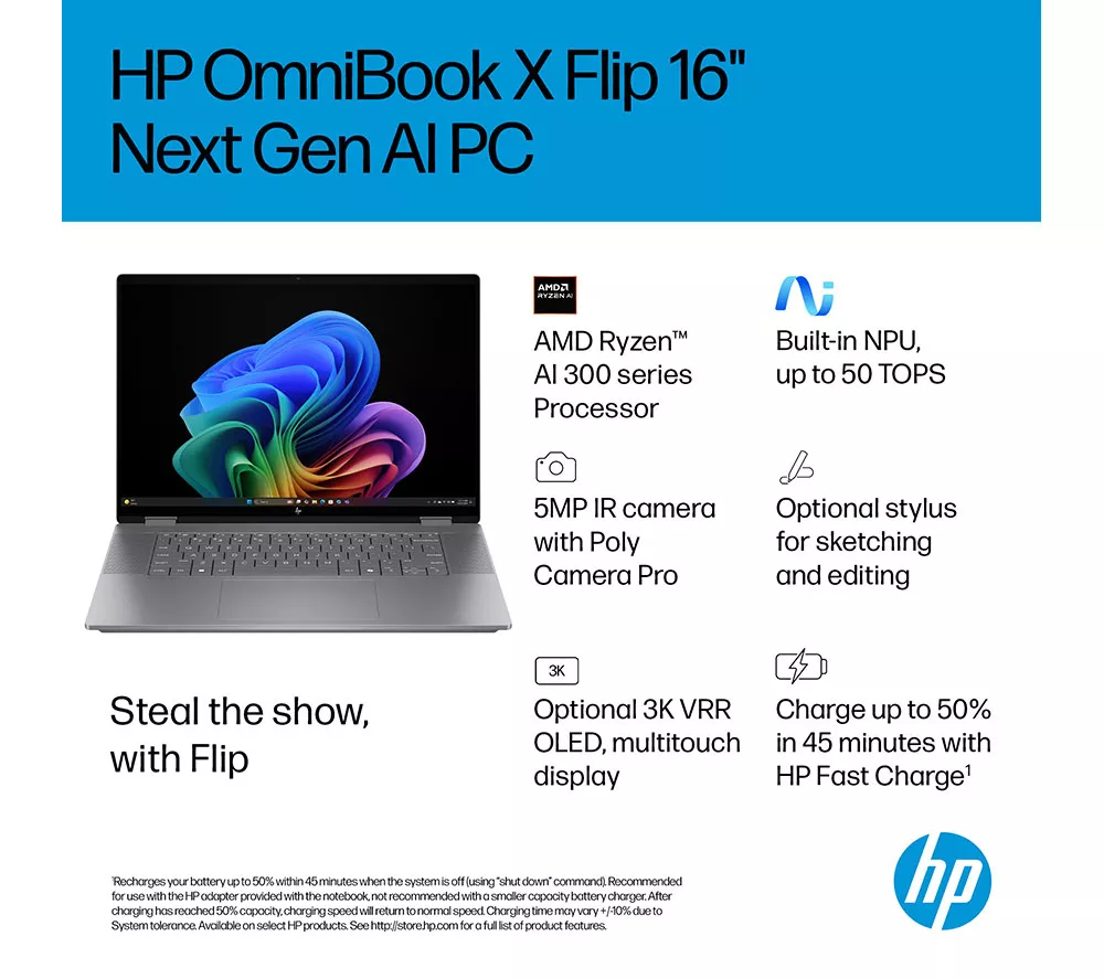 HP OmniBook X Flip NGAI 16" 2 in 1 Laptop - AMD Ryzen AI 7, 512 GB SSD, Meteor Silver