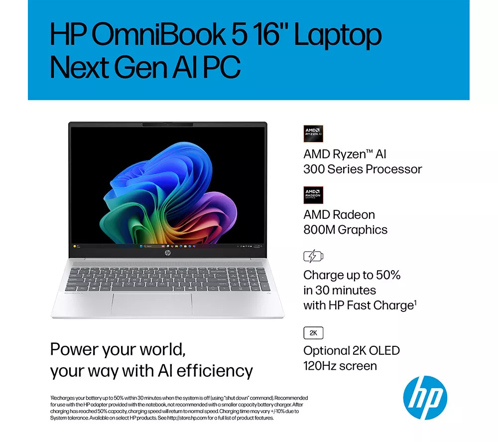 HP OmniBook 5 NGAI 16" Laptop, Copilot+ PC - AMD Ryzen AI 7, 512 GB SSD, Glacier Silver - Image 4