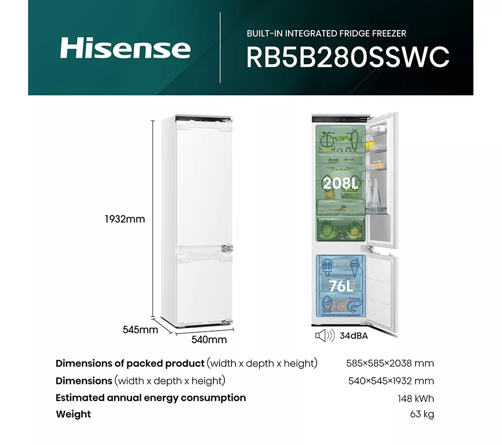 HISENSE RB5B280SSWC Integrated Smart 70/30 Fridge Freezer - Fixed Hinge - Image 13