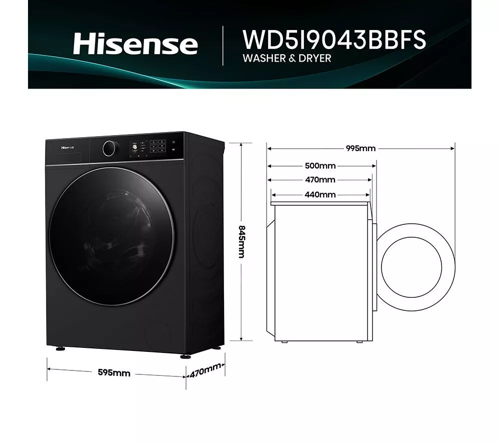 HISENSE KitchenFit 5i Series WD5I9043BBFS WiFi-enabled 9 kg Washer Dryer - Black