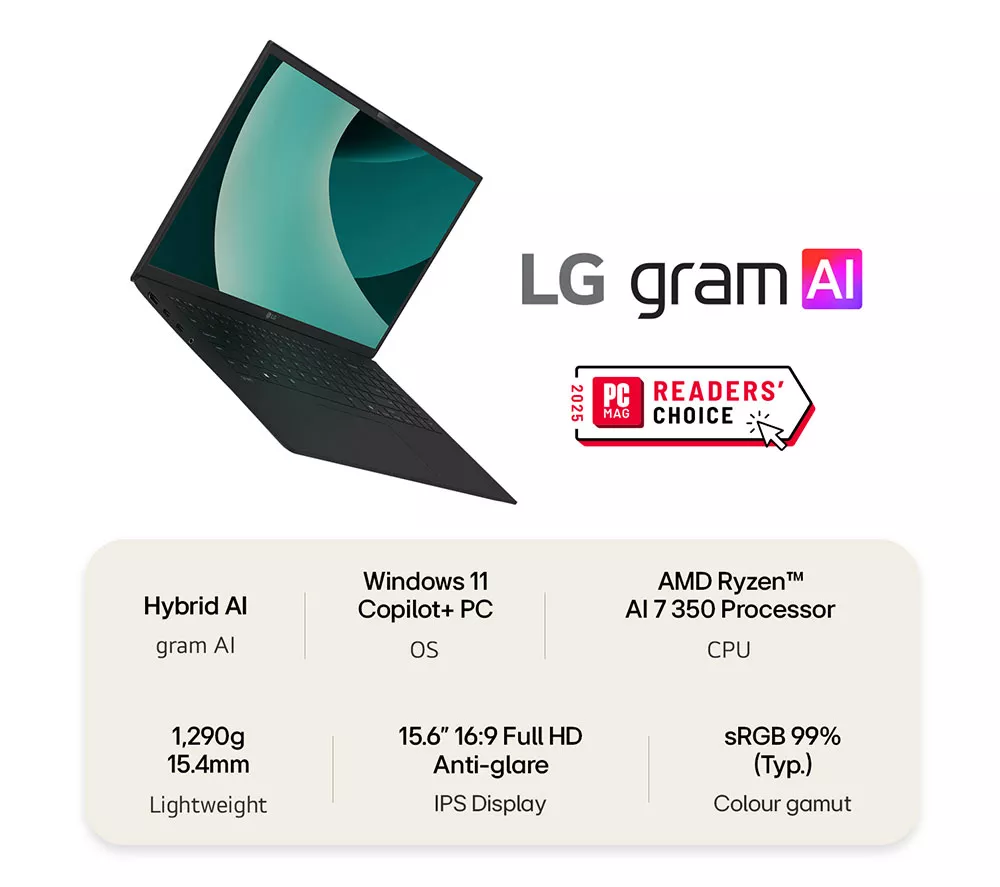 LG gram 15Z80T-G.AU78A1 15.6” Laptop, Copilot+ PC - AMD Ryzen AI 7, 1 TB SSD, Black - Image 3