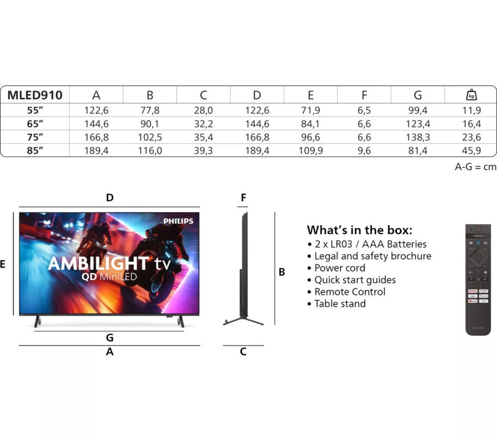 PHILIPS MLED910 75" QD-Mini LED 4K HDR Ambilight Smart TV with Freely - 75MLED910/12