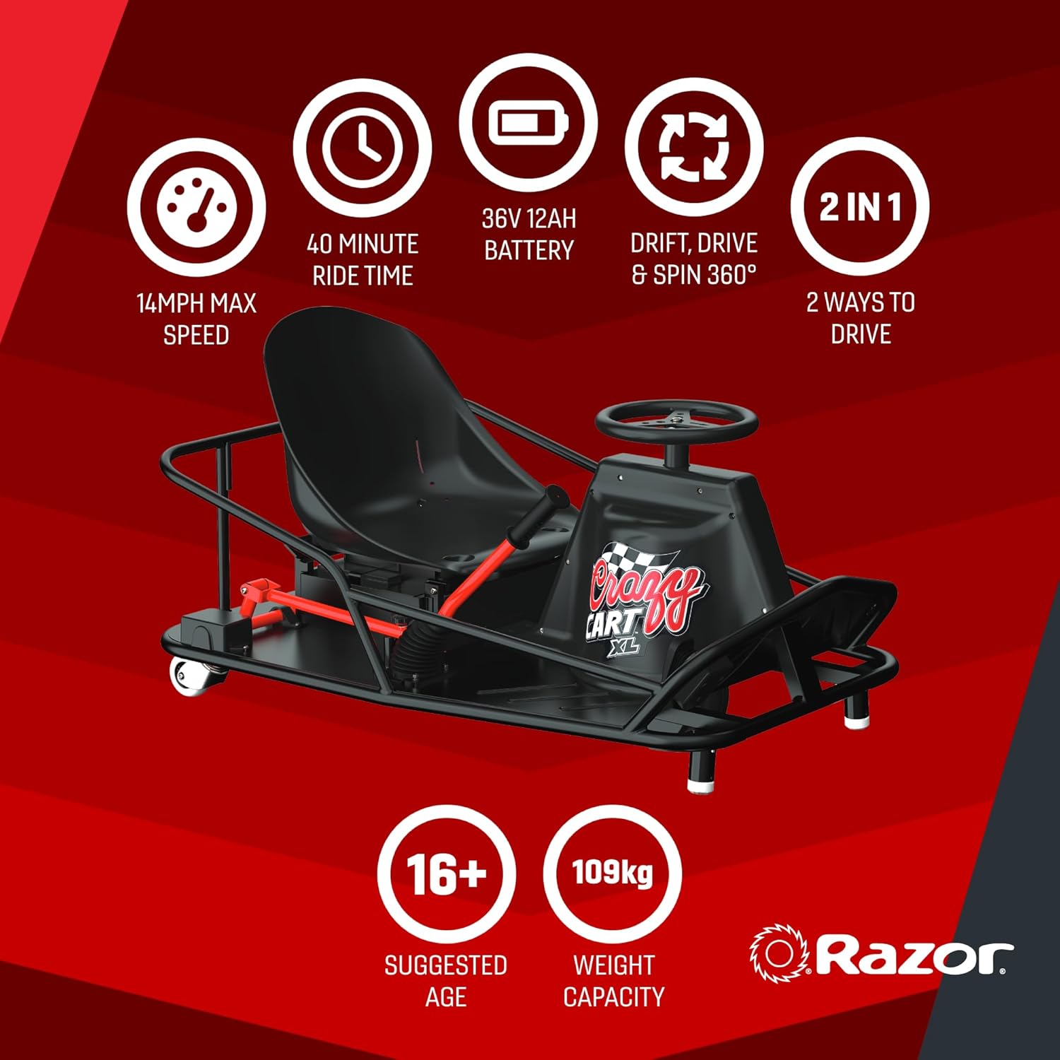 RAZOR Crazy Cart XL Electric Ride-On Vehicle - Black