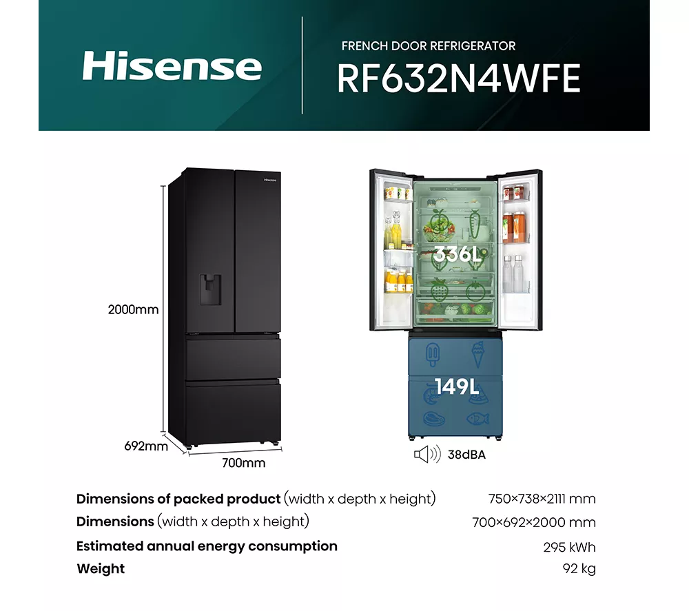 HISENSE PureFlat RF632N4WFE Fridge Freezer - Black Stainless Steel