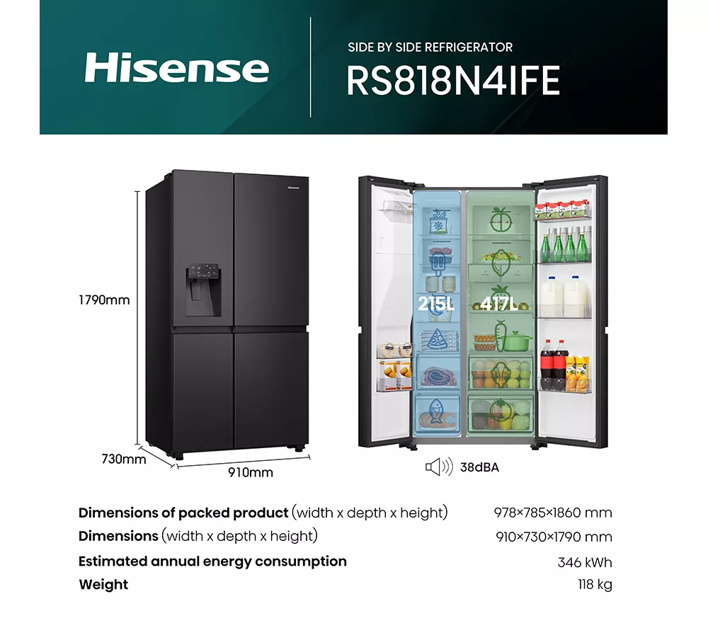 HISENSE PureFlat RS818N4IFE American-Style Smart Fridge Freezer - Black Stainless Steel
