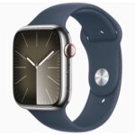APPLE Watch Series 9 Cellular - 41 mm Silver Stainless Steel Case with Storm Blue Sports Band  S M