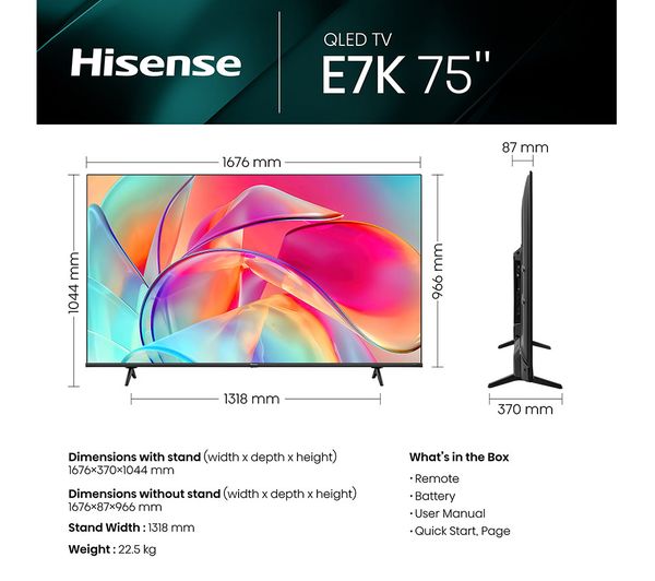 HISENSE 75E7KQTUK 75 Smart 4K Ultra HD HDR QLED TV with Amazon Alexa