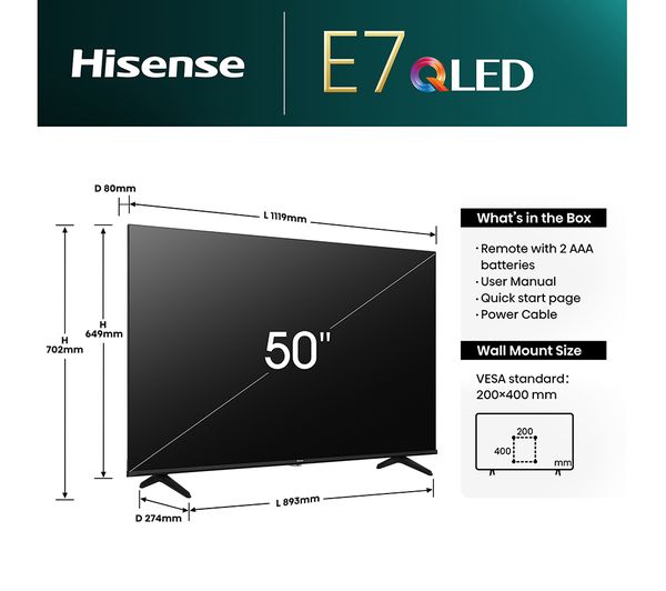 HISENSE 50E7NQTUK 50 Smart 4K Ultra HD HDR QLED TV with Amazon Alexa